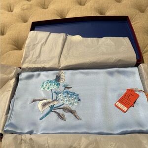 Elegant Blue Silk Scarf with Floral Embroidery